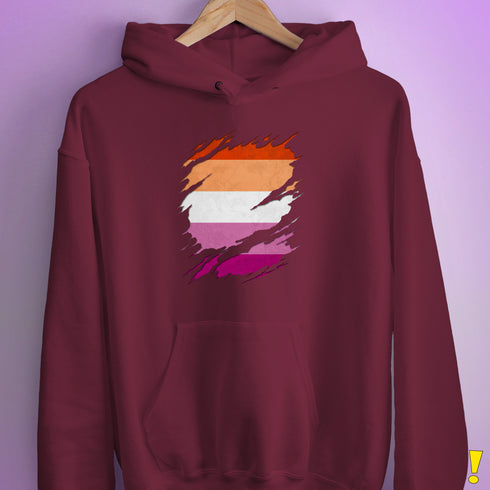 Lesbian Pride Flag Ripped Reveal Hoodie - Maroon